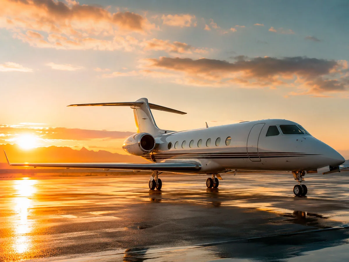 Jato executivo estacionado na pista ao pôr do sol: Consórcio de Aeronaves, em Aquidauana e Mato Grosso do Sul