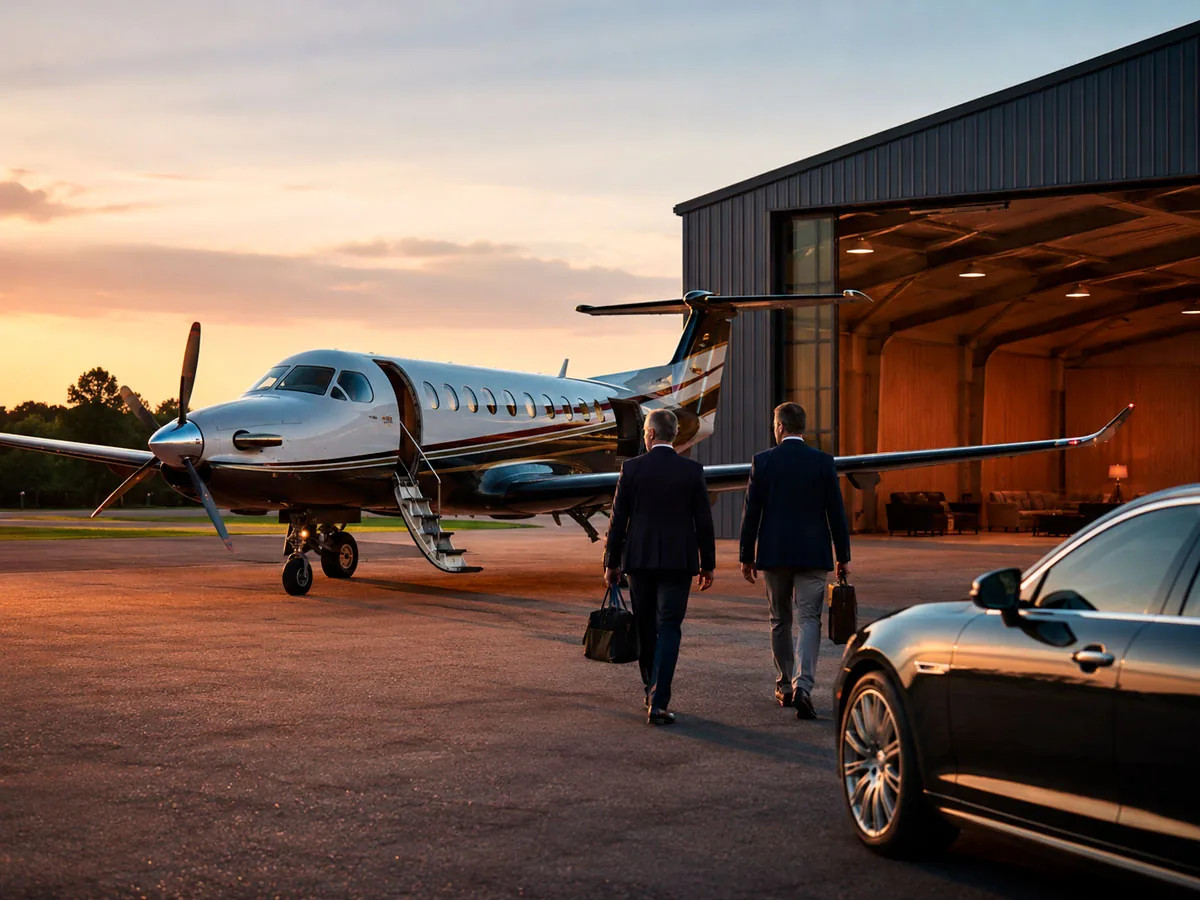 Avião turboélice executivo em frente ao hangar ao entardecer: Consórcio de Avião, em Aquidauana e Mato Grosso do Sul